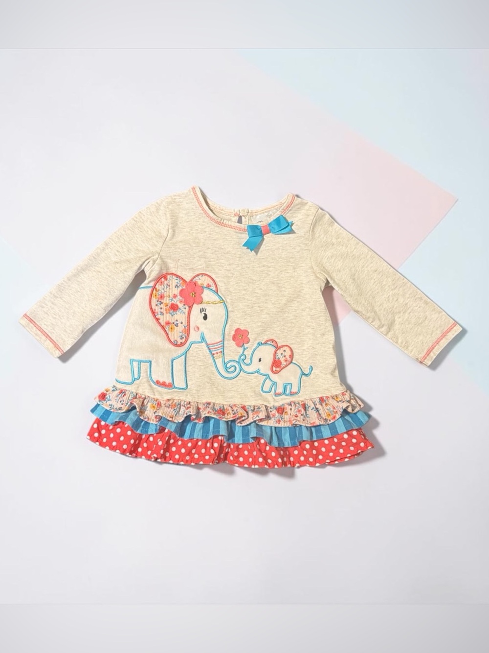 Rare Editions Cream Top with Coral Trim and Teal Bow